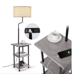 Solid Wood 2End Table Floor Lamp, USB Type C Charging Port & Outlet
