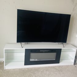65” Curved Samsung Smart Tv  + Modern White TV Stand with Electric Fireplace
