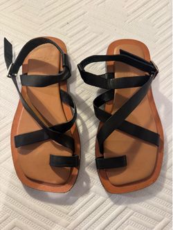 A.Emery Black Leather Strappy Flat Sandals EU 38 Buckle Closure Solid