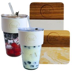 GIANT GOODS Vanilla White 17oz Glass Tumbler 2pk. 2 Free Marble & Wood Coasters