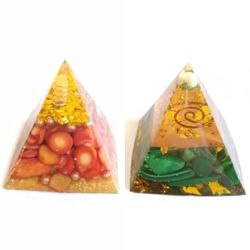Set of copper and quartz Orgonite pyramids with red coral and green malachite handmade 