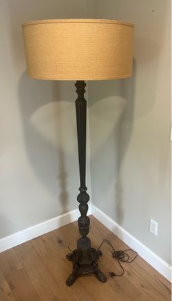Huge 68" Antique 1920s Spanish Revival Solid Wood Floor Lamp w/ Burlap Shade