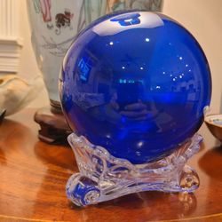Cobalt Blue Glass Sphere with Clear Glass Stand
