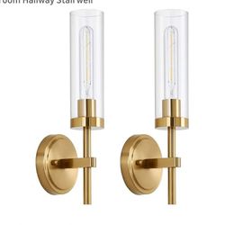 5894: Hardwired Gold Wall Sconces Set of 2, Modern Bathroom Sconces Wall Lighting Vanity Light Fixtures with Clear Glass, Brushed Brass