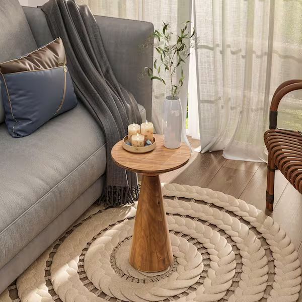 Round Solid Wood End Table in Brown