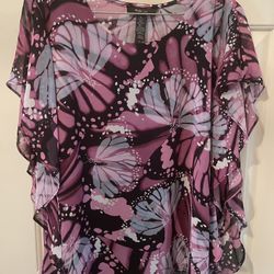 Style & Co Women XL Butterfly Print Top Purple Flutter Sleeve Sheer Chiffon