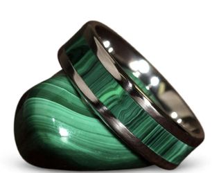 New Men's Stainless Steel Green Malachite Ring - Size 7-13.5