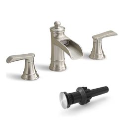 Brass Waterfall Bathroom Faucets, Brushed Nickel Bathroom Faucet 4-16 Inch, 2 Handle Widespread Bathroom Sink Faucet 3 Hole with Pop Up Drain and Supp