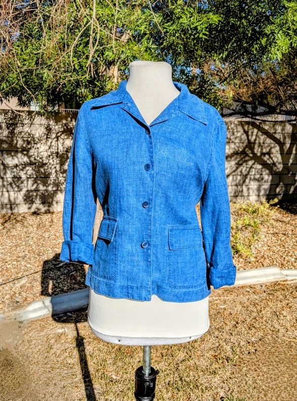 Jones New York Sport Blue Linen Women's Small Button w/Pockets Jacket Shirt EUC