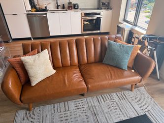 Mid-Century Modern Cognac Faux Leather Convertible Futon Sofa Bed