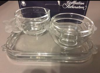 NEW WALTHER GLAS CREAM AND SUGAR SET WITH TRAY WEST GERMANY - crystal glass beautiful