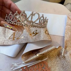 Rose Gold 42 Birthday Woman Tiara W Cake Topper & Shoulder Banner Included All Brand New 