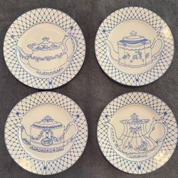 Cordon Bleu International Blue & White Teapot Plates – Set of 4 – Hand-Decorated