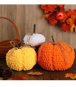 New 3 Pcs Fall Knit Crochet Pumpkins Chunky Chenille Yarn Thanksgiving Faux Pumpkin Set for Farmhouse Harvest, Table Centerpiece for Kitchen Mantel, H