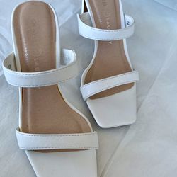 White Slide-on Sandals with comfortable 3" heels, Chinese Laundry, Yanti