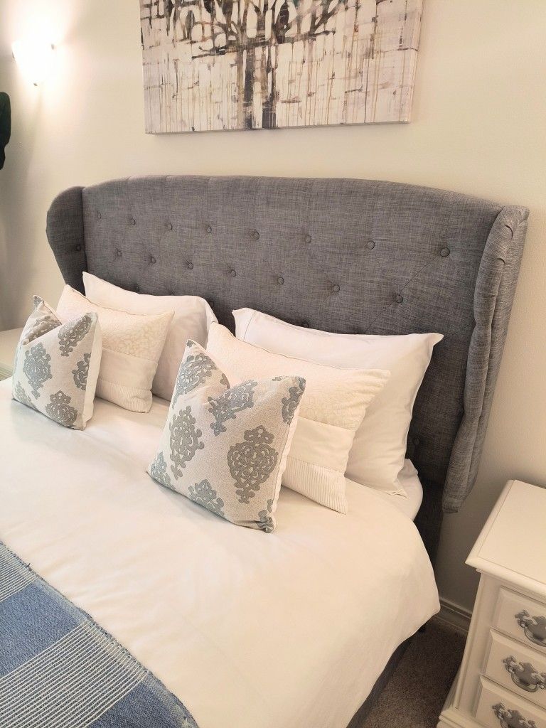Complete Bedroom(19 Pieces): Queen sized upholstered bed,King Koil mattress with base,mattress topper,bed linen,throw blanket,6 pillows,2 Night Stands