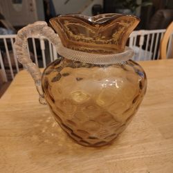 Unique Brown Glass Pitcher With Thumbprint Design And White Women Glass Handle 