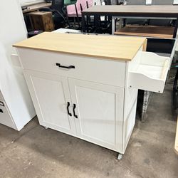 Rolling Kitchen Island Table on Wheels with Drop Leaf, Storage Cabinet, Drawer, Spice/Towel Rack, Kitchen Cart, 47.25" Wide White KC-KD-01