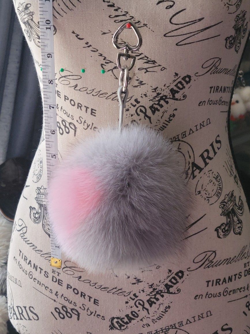 10" Long Grey w/Pink Heart Fur (6 1/2") Pom Pom Keychain + 2 Fur Freebies