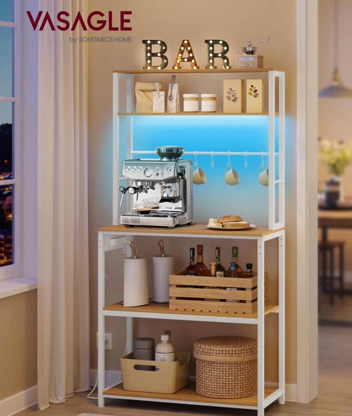 Coffee Bar with LED Lights, Kitchen Bakers Rack with Power Outlet, Microwave Stand with Adjustable Shelves, 8 Hooks, 15.7 x 31.5 x 65.7 In