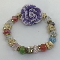 Bracelet With Romantic Purple Flower And Red Gold Teal Beads