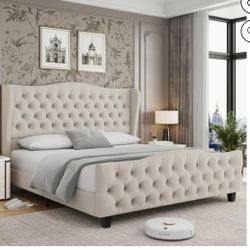 King Size Bed Frame with Tall Tufted Headboard, 54.3” Tall Modern Velvet Upholstered Platform Bed Frame with Deep Button Wingback Headboard