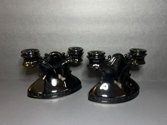 Vintage Set of 2 1930s L.E. Smith Mt Pleasant Black Amethyst Candle Holders