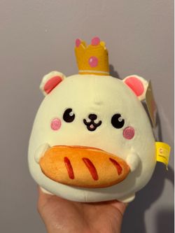 👑 Kawaii Bear King Plush Holding Baguette with Crown — Bread Squishy Toy NWT
