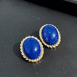 VINTAGE 14K YELLOW GOLD GENUINE LAPIS POST & CLIP EARRINGS 11 GRAM