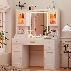 White Makeup Vanity Desk with Mirror and Lights, Large Vanity Table Set with Charging Station, Dressing Table with RGB Cabinets, Makeup Vanity Mirror 