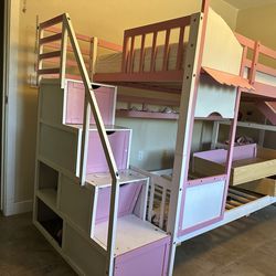 Bunk bed with stairs, lots of storage, built in shelving  ($200 if you take apart)
