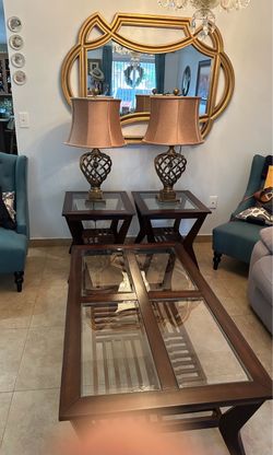 Wooden glass Top Coffee Table, 2 End Tables