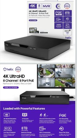 HELIX NV3808E 8CH PoE NVR, 4K Network Video Recorder for PoE Camera System
24/7 Recording (HDD Not Included), NDAA Compliant, Supports up to 8 x ONVIF