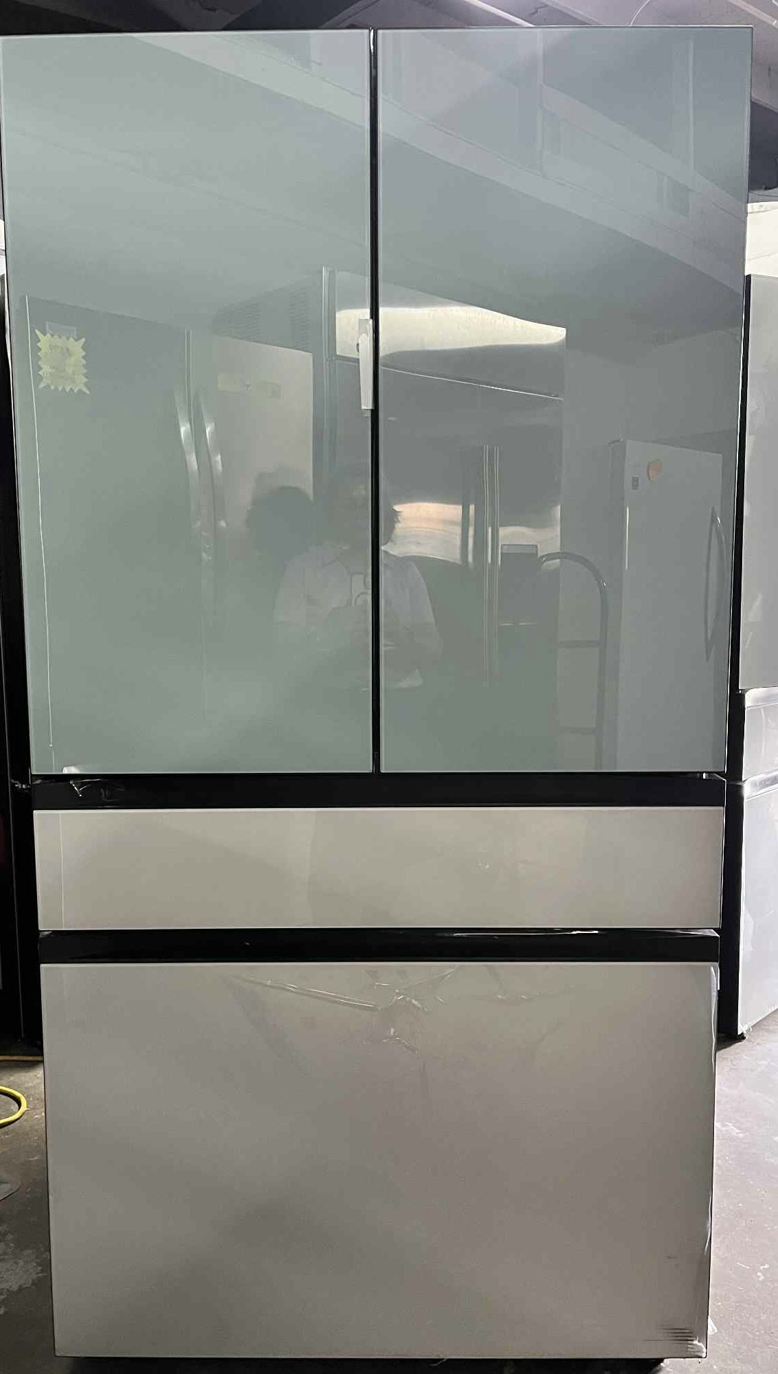 Bespoke 4-Door French Door Refrigerator (23 cu. ft.) with Beverage Center™ in Morning Blue Glass Top Panels and White Glass Middle and Bottom Panels