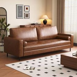 80.3" Mid-Century Modern Faux Leather 3-Seater Sofa Couch, Brown $ 299