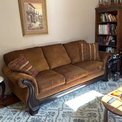 Brown Sofa W/ 2 Pillows - Mahogany Wood Detail