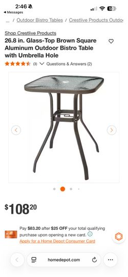 26.8 in. Glass-Top Brown Square Aluminum Outdoor Bistro Table with Umbrella Hole