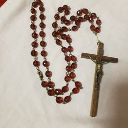 Vintage Garnet Crystal Aurora Borealis Rosary Beads W/Pewter*Wood*Italy Crucifix