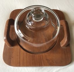 Dolphin teak wood cheese board mcm vintage with glass dome