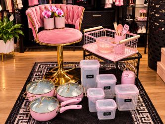 Pink Paris Hilton Pots , storage containers, dish rack barstool