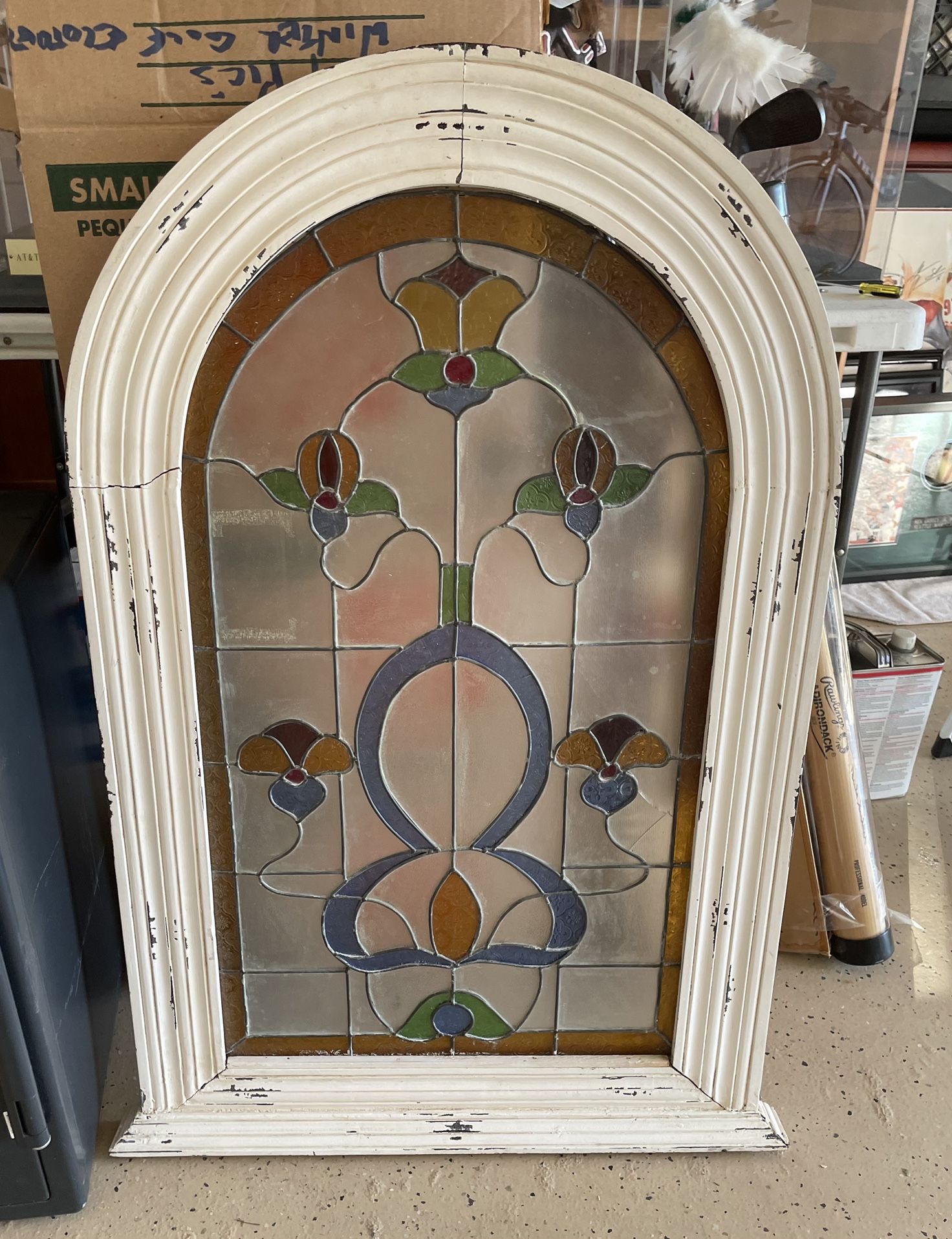 Antique Window Frame W/Leaded Glass