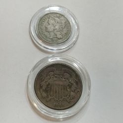 Old U.S 1865 Two Cents & 1866 Three Cents Coins