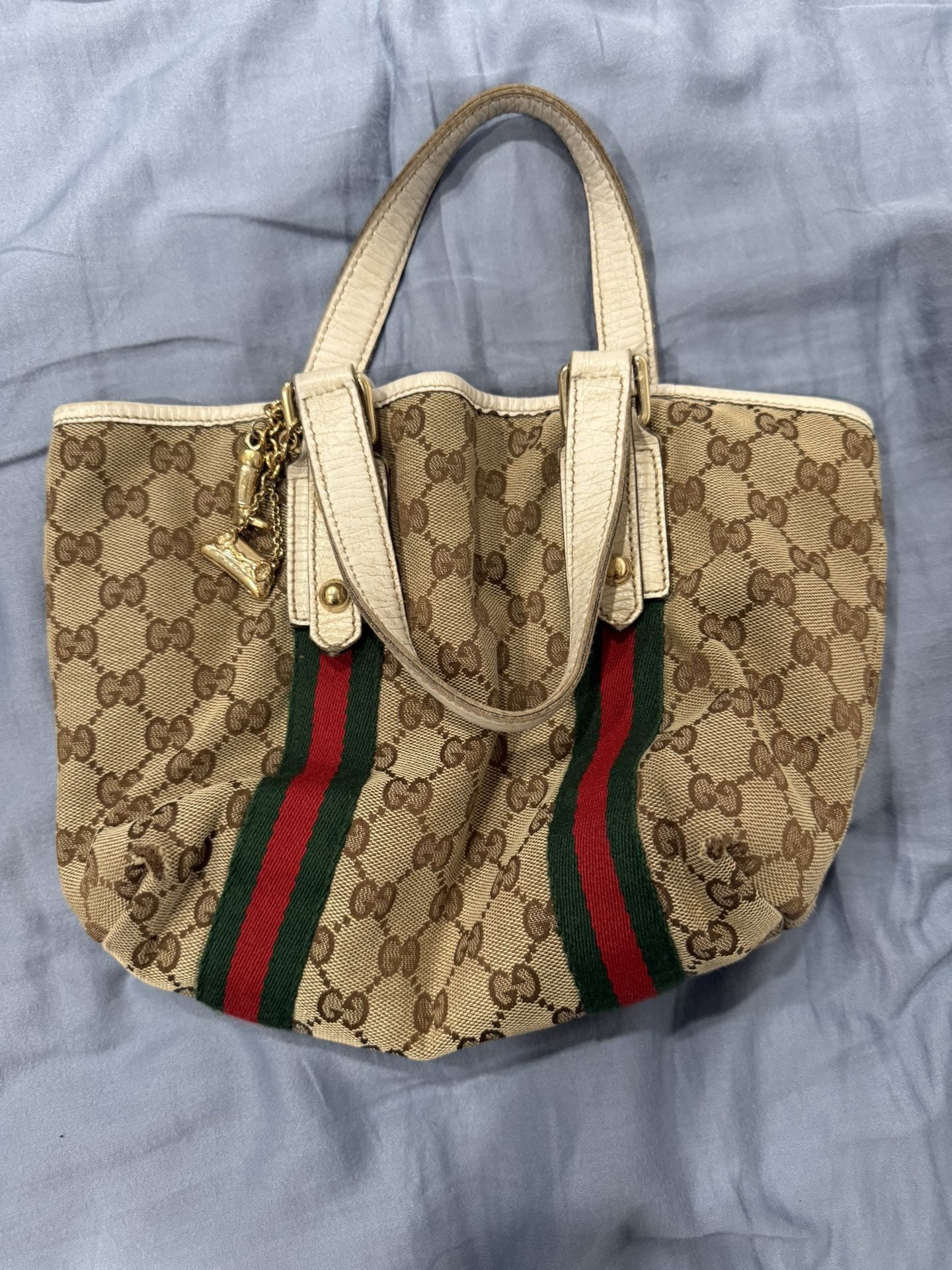 Gucci GG Canvas Tote Bag with Red Green Stripe Trim