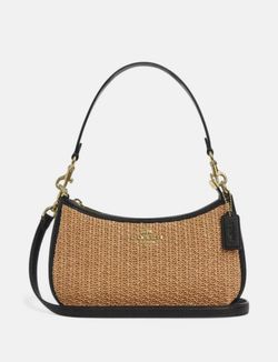 COACH Teri Shoulder Bag Toast Black Straw Leather