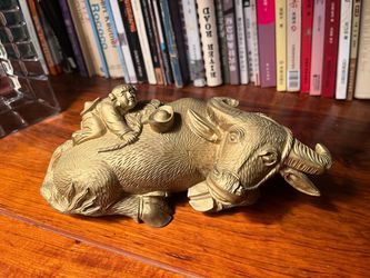 Resin Water Buffalo Figurine with Boy - Chinese Feng Shui Wealth Ox Statue, Gold Finish, 9 Inch