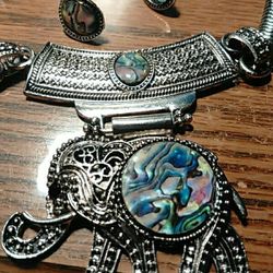 Exquisite Ladies Elephant With Abalone Shell Stones, and Stud Earrings.