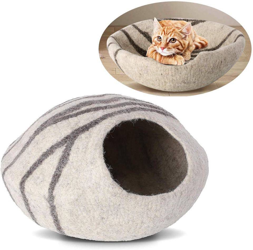 Cat Cave Bed 19" Large Premium Handmade Natural Wool Self Warming Cat Cubby Enclosed