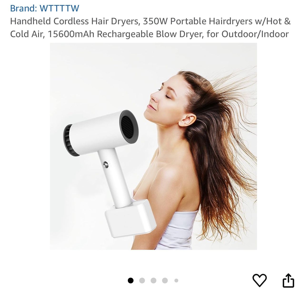 Sponsored Brand: WTTTTW Handheld Cordless Hair Dryers, 350W Portable Hairdryers w/Hot & Cold Air, 15600mAh Rechargeable Blow Dryer, for Outdoor/Indoor
