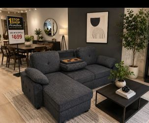 Convertible Sectional Sofa w/ pull-out bed & storage grey Chenille fabric