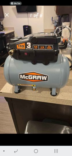McGraw 3 Gallon 110 PSI Oil-Free Portable Air Compressor with hose included.